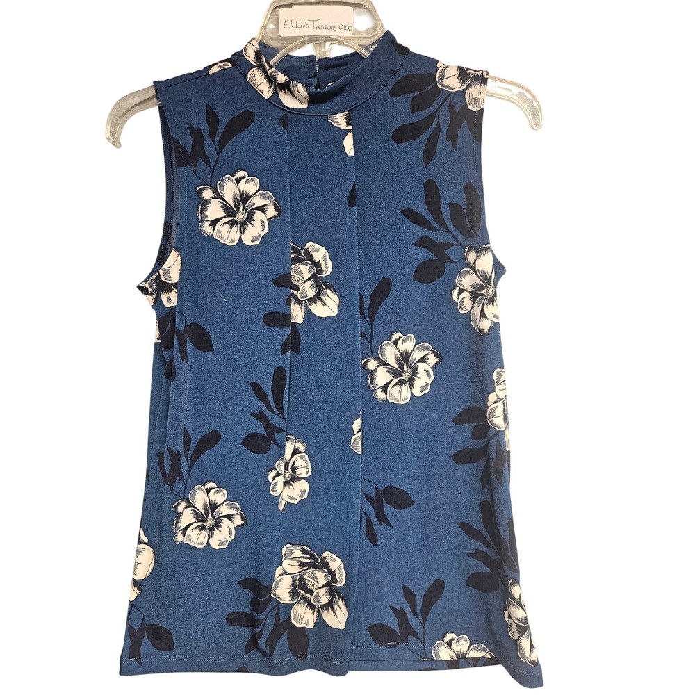 Banana Republic Womens XS Blue Floral Mock Neck Pleated Sleeveless Blouse Top